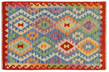 Flat Weave Kilim, Antique, Navaho, Vintage, Handmade, Modern Kilim Blue Rust Hand-Woven Rectangle 100% Wool Area Rug 3 x 4
